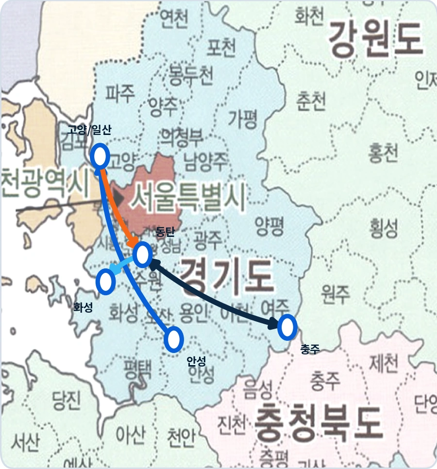 수도권·충주 운행 노선 지도