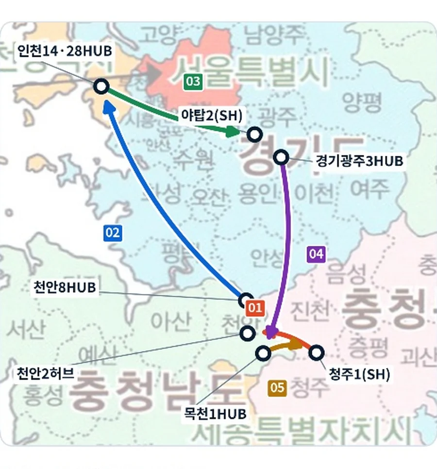 청주·천안·수도권 운행 노선 지도