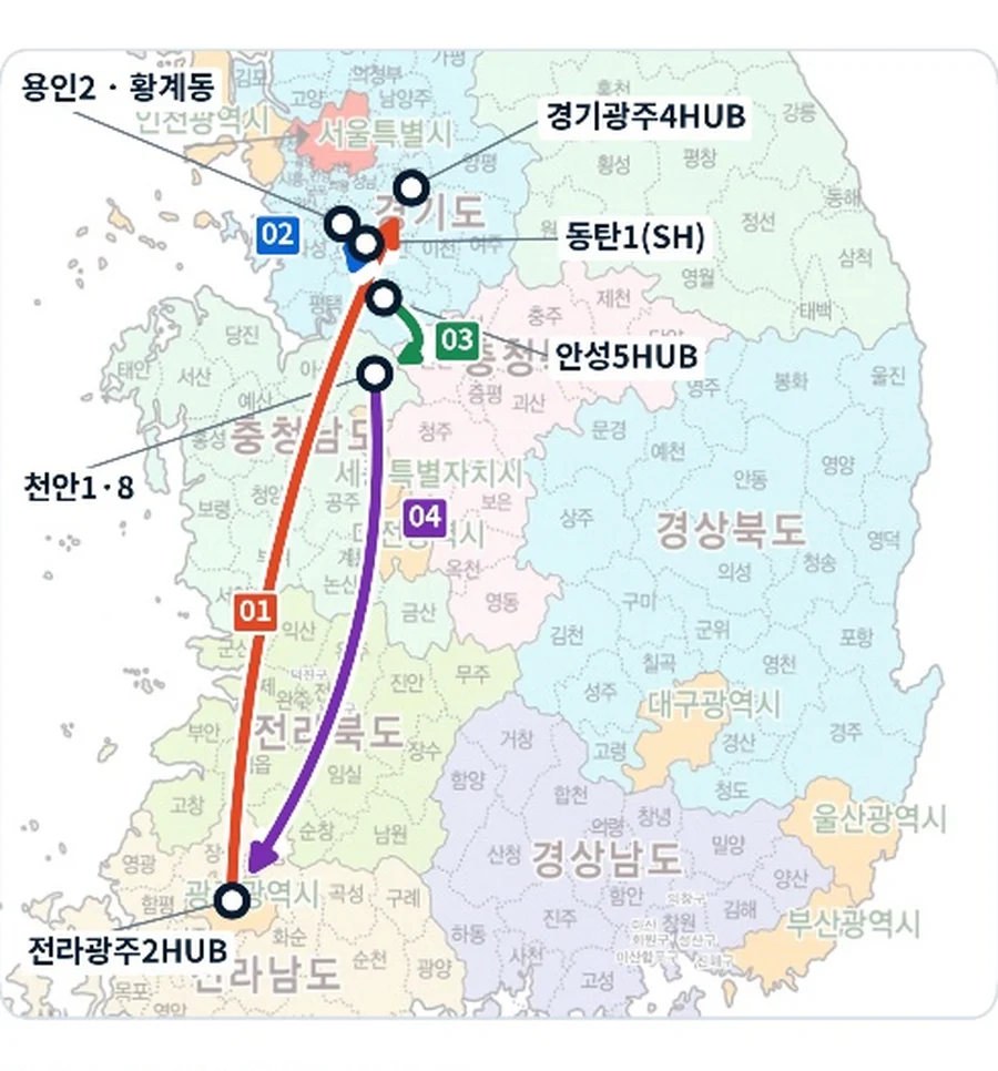 전라광주·수도권 운행 노선 지도